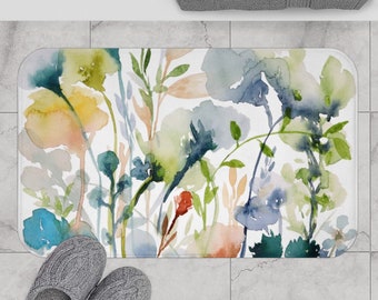 Spring Flowers on Microfiber Memory Foam Bath Mat | Botanical Watercolor Print on White | Bathroom Decor | Two Sizes Available