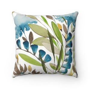 Teal and Sage Floral Print Throw Pillow Cover | Spun Polyester Square Pillow Case | 4 Sizes: 14x14, 16x16, 18x18, 20x20 in, Spun Poly Fabric