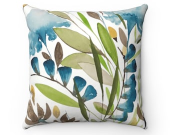 Teal and Sage Floral Print Throw Pillow Cover | Spun Polyester Square Pillow Case | 4 Sizes: 14x14, 16x16, 18x18, 20x20 in, Spun Poly Fabric