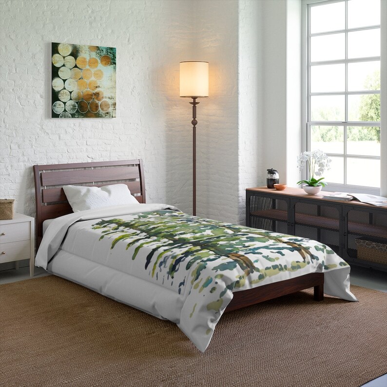 Pine Trees Watercolor Print on Comforter | Botanical Bedding in Green, Blue, Brown, Yellow, White | Evergreen Woods Holidays Alpine image 4