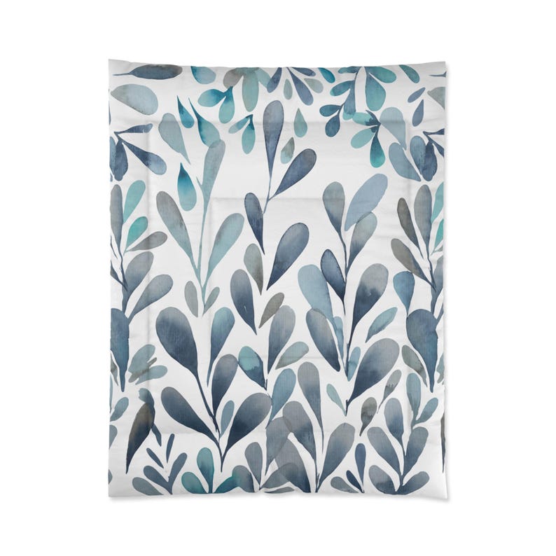 Sky Blue and Gray Foliage Print on Comforter Botanical Bedding Abstract