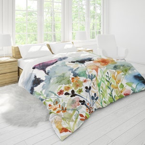 Wildflowers King Duvet Cover in King, Queen, Full, Twin Standard Sizes | Floral Watercolor Print in Pink Blue Navy Green Orange Yellow Red