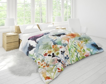 Wildflowers King Duvet Cover in King, Queen, Full, Twin Standard Sizes | Floral Watercolor Print in Pink Blue Navy Green Orange Yellow Red