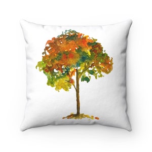 Sugar Maple Tree Watercolor Throw Pillow Cover | Spun Polyester Square Pillow | Four Sizes: 14x14, 16x16, 18x18, 20x20 in | Autumn Fall