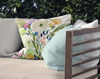 Spring Flowers II Bright on Outdoor Pillows & Covers | Double Sided Print | 14x20, 16x16, 18x18, 20x20, 26x26 Inch | Patio Decor Pink Blue