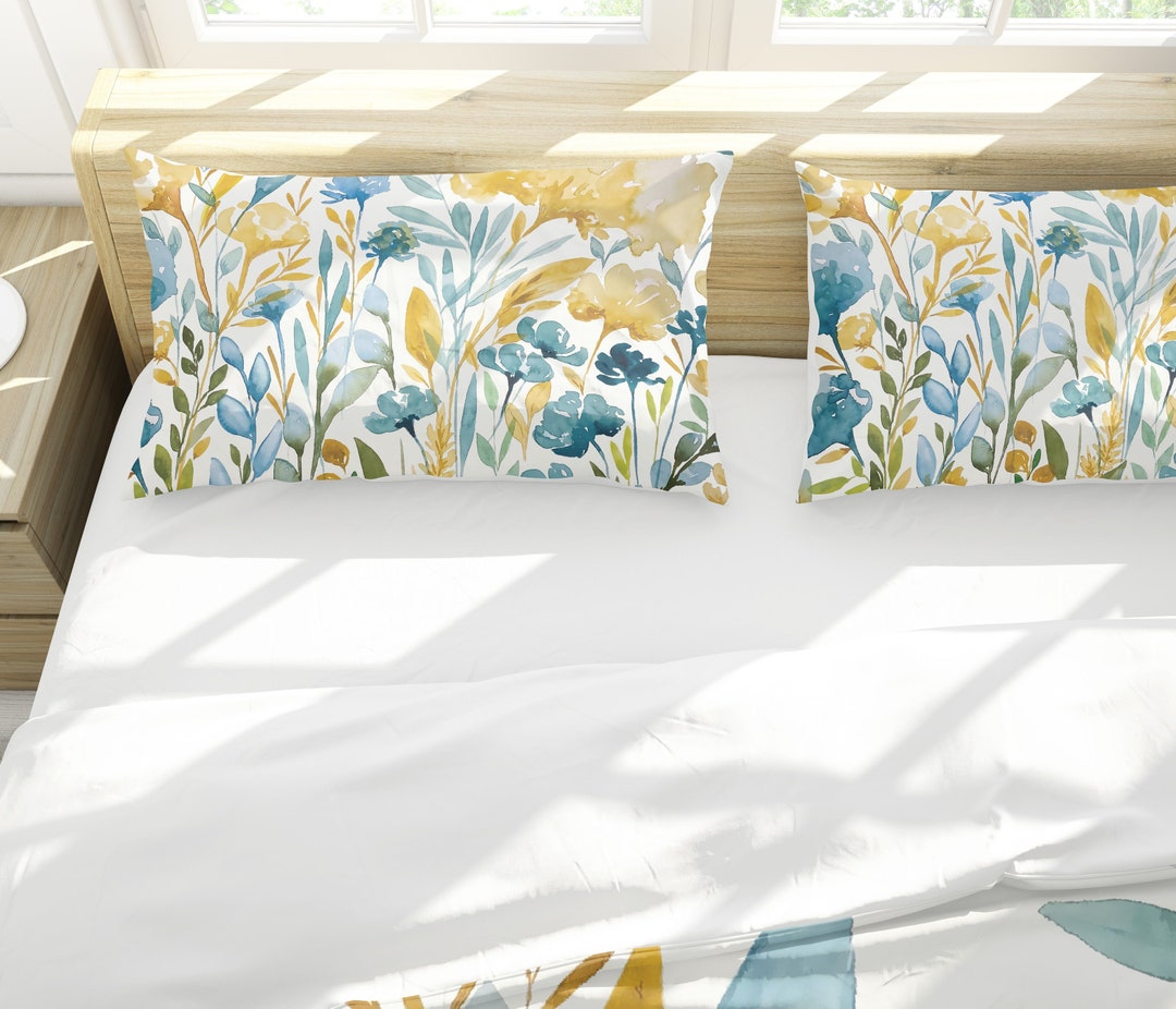 Blue and Gold Flowers Bed Pillow Sham King, Queen, Full, Twin Cotton