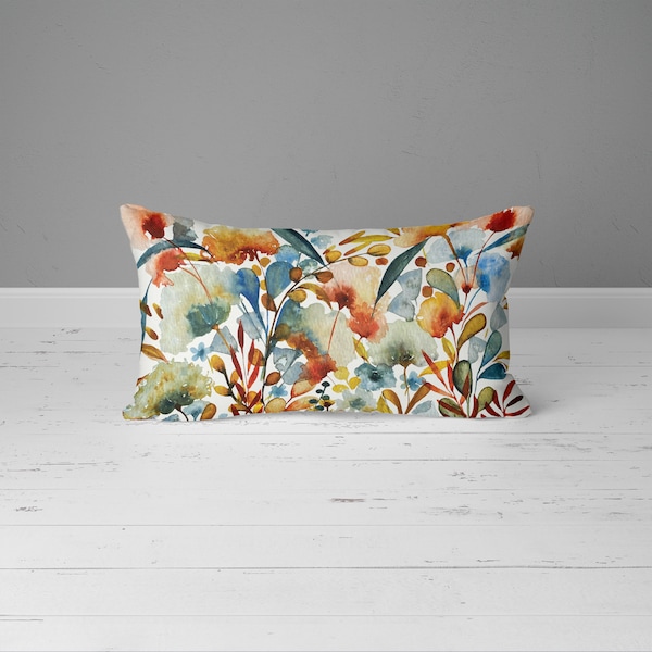 Fall Flora II 20x14 inch Lumbar Throw Pillow Cover | Cotton Canvas, Poly Canvas, Velveteen, Cotton Linen Blend | Rust Sage Blue Yellow Red