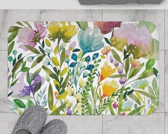 Summer Flowers Bright Bath Mat | Anti-Slip Microfiber Memory Foam Bath Mat | Botanical Floral Watercolor Print | Bathroom Decor