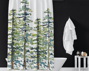 Evergreen Trees Pattern Shower Curtains | Abstract Watercolor Trees | Holiday Housewarming Gifts | 71x74 in | Green Blue Brown White