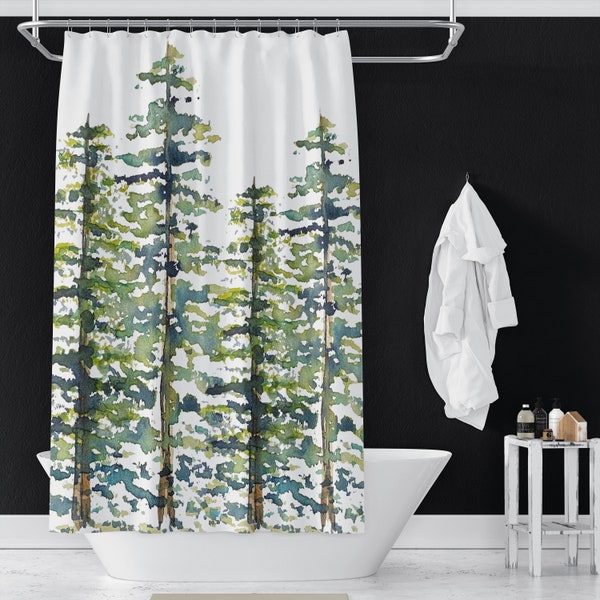 Evergreen Trees Pattern Shower Curtains | Abstract Watercolor Trees | Holiday Housewarming Gifts | 71x74 in | Green Blue Brown White