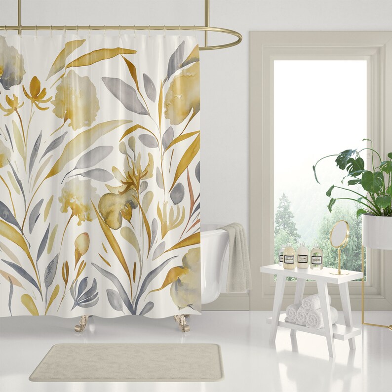 Yellow and Gray Floral Pattern Shower Curtains Botanical Spa Shower Curtains Bathroom Refresh Gifts 71x74 in, Spun Poly Fabric image 3