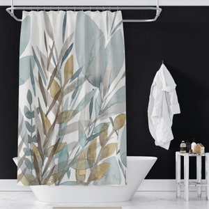 Seaside Flora on Shower Curtains | Botanical Watercolor Print Shower Curtains | Beach Plants | 71x74 in | Gray Blue Beige Tan on white