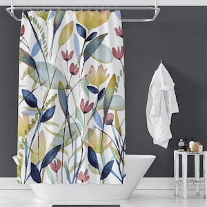 May include: A white shower curtain with a watercolour floral design featuring blue, green, yellow, and red flowers. The flowers are abstract and have a painterly look.