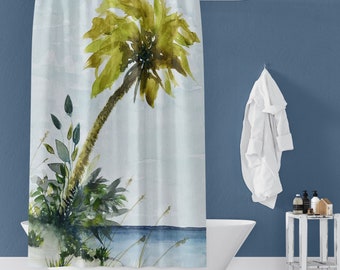 Pode incluir: Um cortina de chuveiro de aquarela com uma palmeira de folhas verdes e uma cena de oceano azul.