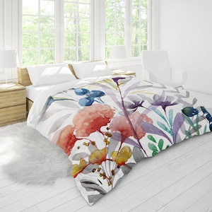 Modern Boho Flowers II King Duvet Cover King, Queen, Full, Twin Standard Sizes | Floral Watercolor Print in Red Purple Blue Gray White Green