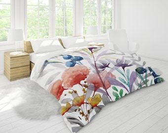 Modern Boho Flowers II King Duvet Cover King, Queen, Full, Twin Standard Sizes | Floral Watercolor Print in Red Purple Blue Gray White Green