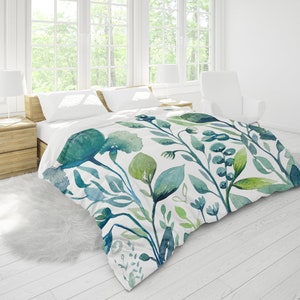 Blue Green Botanical King Duvet Cover | King, Queen, Full, Twin Standard Sizes | Floral Watercolor Print in Blue and Green on White