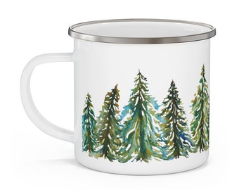 Evergreen Carols Enamel Camping Mug | Watercolor Printed Coffee Mugs | 12 oz Stainless Steel | Gifts for Outdoors, Green Pine Trees