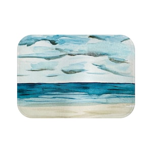 Calm Seas Bath Mat | Anti-Slip Microfiber Memory Foam Bath Mat | Beach Landscape Watercolor Print | Summer Bathroom Decor