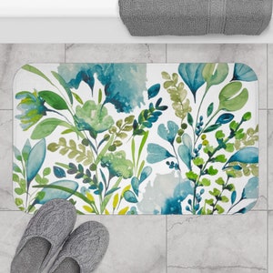 Emerald Green & Turquoise Floral Bath Mat | Anti-Slip Microfiber Memory Foam Bath Mat | Botanical Watercolor Print | Bathroom Decor