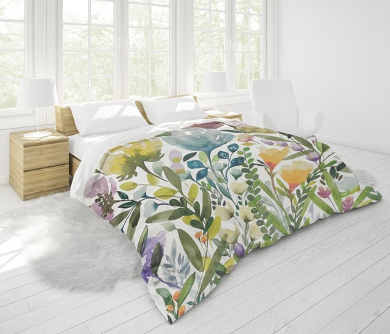 Summer Flowers Muted Duvet Cover  | King, Queen, Full, Twin | Cotton Sateen, White Backing, Hidden Zipper | Pink Tan Gray Botanical Print