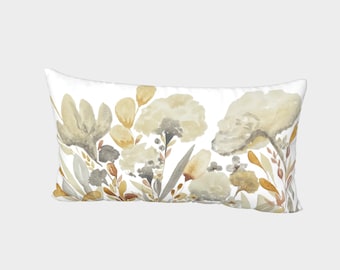 Autumn Flowers | Bed Pillow Sham | King and Standard Sizes | Cotton Sateen & Silk | Envelope Style with White Back | Beige Ivory Brown White