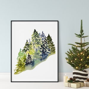 Alpine Slopes Textured Fine Art Prints | Watercolor Paper Posters | Evergreen Trees Wall Decor | Multiple Sizes | Navy Blue Lime Green White