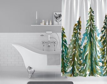 Evergreen Carols on Shower Curtains | Botanical Print Shower Curtains | Bathroom Refresh Gifts | 71x74 in | Green Blue Brown White