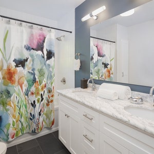 Wildflowers Shower Curtains | Floral Watercolor Print Shower Curtains |  71x74 in Polyester Fabric | Loose Watercolor Style | Modern Boho Farmhouse | Pink Blue Orange Green Yellow Red Navy Beige on White