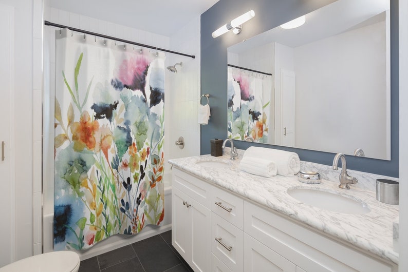Wildflowers Shower Curtains | Floral Watercolor Print Shower Curtains |  71x74 in Polyester Fabric | Loose Watercolor Style | Modern Boho Farmhouse | Pink Blue Orange Green Yellow Red Navy Beige on White