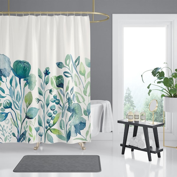 Blue Green Flowers on Shower Curtains | Floral Watercolor Print Shower Curtains | Bathroom Refresh Gifts | 71x74 in