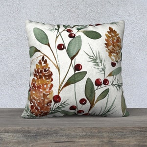 Holiday Berry Cones 22x22 inch Square Throw Pillow Cover | Velveteen, Cotton Linen, Cotton Canvas, Poly Canvas | Red Green Brown White Print