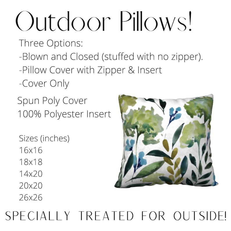 Hydrangeas on Outdoor Pillows & Covers Double Sided Print 14x20, 16x16, 18x18, 20x20, 26x26 Inches Patio Decor Green Blue White image 2