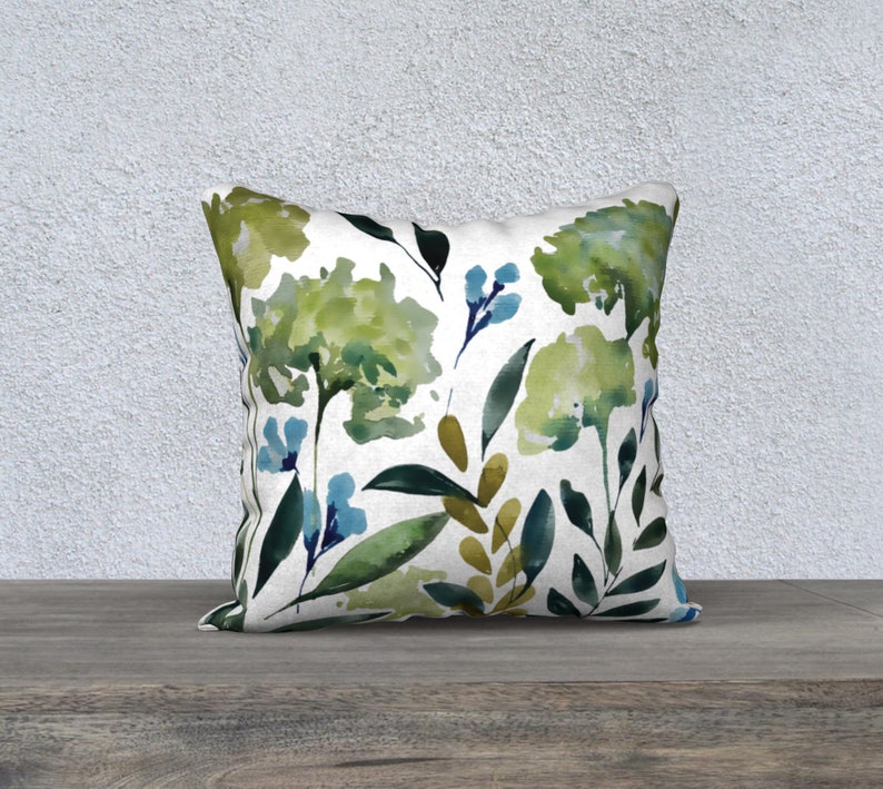 Hydrangea Floral Watercolor Print on 18x18 inch Square Throw Pillow Cover | Hidden Zipper, 4 Fabric Options, Double Sided Print | Blue Green bild 5