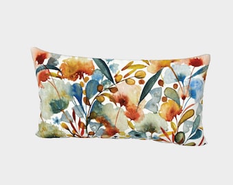 Fall Flora II Bed Pillow Sham | King and Standard Sizes | Cotton Sateen & Silk | Envelope Style with White Back | Rust Blue Green Yellow Red