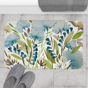 Teal and Sage Floral Bath Mat | Anti-Slip Microfiber Memory Foam Bath Mat | Botanical Floral Watercolor Print | Bathroom Decor
