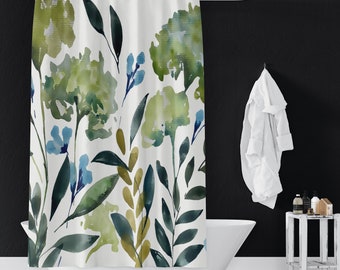 Hydrangea Floral Shower Curtains | Botanical Spa Shower Curtains | Bathroom Refresh Gifts | 71x74 in, Spun Poly Fabric | Green Blue White