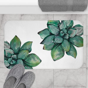 Succulent Houseplants | Microfiber Memory Foam Bath Mat | Green Botanical Watercolor Print on White | Bathroom