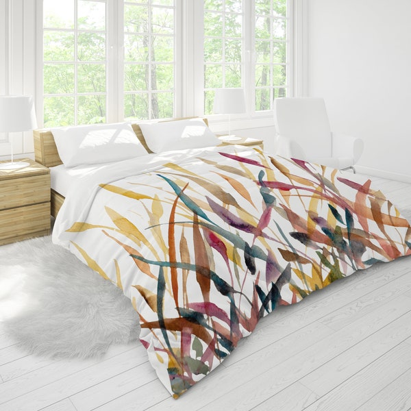 Modern Grasses King Duvet Cover King, Queen, Full, Twin Standard Sizes | Floral Watercolor Print on Cotton Sateen | Rust Yellow Green Purple