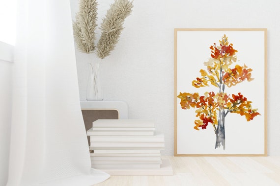 Autumn Oak Tree Fine Art Print Posters | Textured Watercolor Paper | Yellow Orange Rust Red Gray White | Fall Foliage Wall Decor