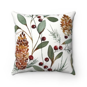 Holiday Berry Cones Print Throw Pillow Cover | Spun Polyester Square Pillow Case | 14x14, 16x16, 18x18, 20x20 in | Red Green Brown White