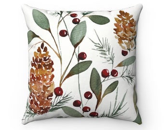 Holiday Berry Cones Print Throw Pillow Cover | Spun Polyester Square Pillow Case | 14x14, 16x16, 18x18, 20x20 in | Red Green Brown White