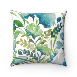 Emerald Green & Turquoise Botanical Print Throw Pillow Cover | Spun Polyester Square Pillowcase with Zipper | Multiple Sizes | Greens Blues