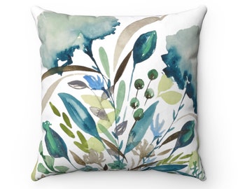 Teal for Two Floral Print Throw Pillow Cover | Spun Polyester Square Pillowcase with Zipper | Multiple Sizes | Teal Turquoise Tan