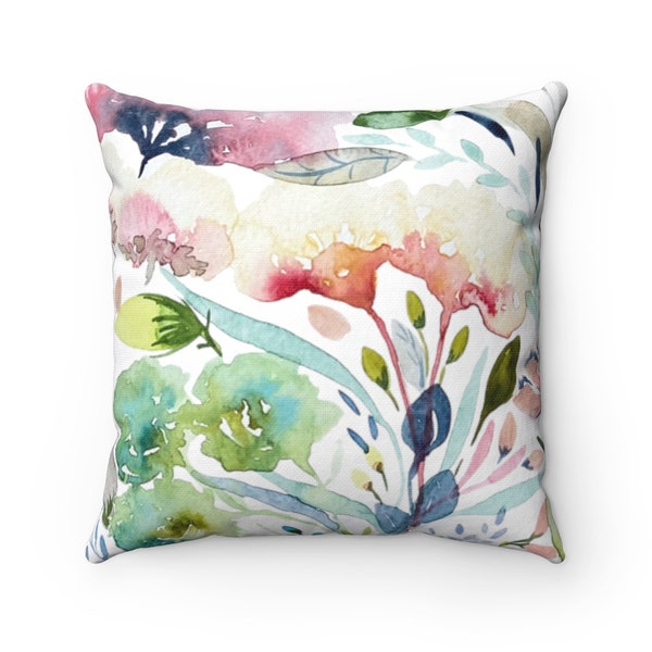 Garden Flowers II Throw Pillow Cover | Watercolor Botanical | Spun Polyester Square Pillow Case | Four Sizes: 14x14, 16x16, 18x18, 20x20