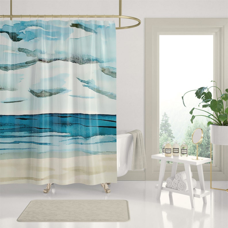 Calm Seas on Shower Curtains Summer Beach Watercolor Print Shower Curtains Bathroom Refresh Gifts 71x74 in image 2
