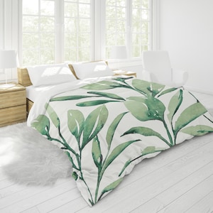 Gladly Green Duvet Cover | King, Queen, Full/Double, Twin | Light Green, Dark Green, Off-White Background | Cotton Sateen | Modern Botanical