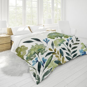 Hydrangea Duvet Cover | King, Queen, Full, Twin | Cotton Sateen, White Backing, Hidden Zipper | Floral Botanical Print in Green Blue White