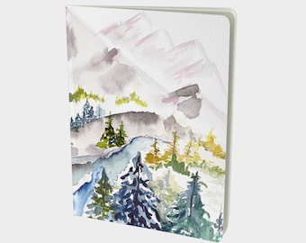 May include: Watercolor painting of a mountain landscape with a river flowing through it. The mountains are painted in shades of gray and pink, and the river is a light blue. There are trees on both sides of the river, painted in shades of green, blue, and yellow.