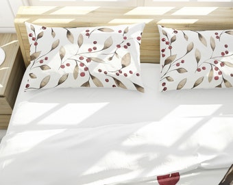 Holiday Berries Bed Pillow Sham | King and Standard Sizes | Cotton Sateen & Silk | Envelope Style with White Back | Red Beige Brown White